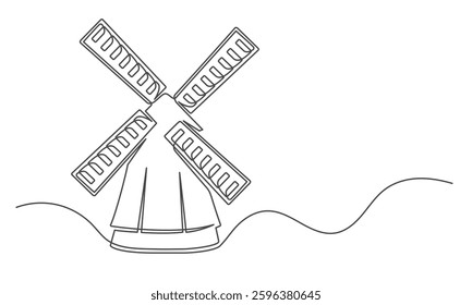 Windmill continuous one line isolated on white background. Farm symbol art drawing. Windmill design outline. Editable stroke. Vector illustration