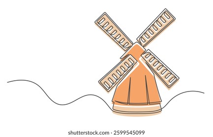 Windmill continuous one line isolated on white background. Farm symbol art drawing. Windmill design outline. Editable stroke. Vector illustration