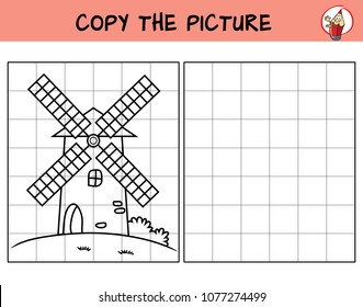 Windmühle. Kopieren Sie das Bild. Farbbuch. Erziehungsspiel für Kinder. Cartoon-Vektorillustration-Illustration