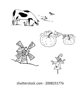 Windmill, cow, pumpkins, garden scarecrow. Vector illustration. Linear drawing.