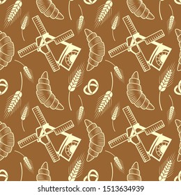 Windmill and Croissant seamless pattern. Vector illustration.