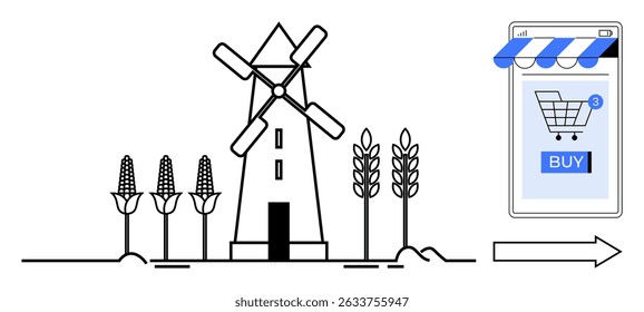 Windmill with crops and an online storefront showing a BUY button. Ideal for agriculture, e-commerce, sustainable practices, economy, digital marketing. Line art style