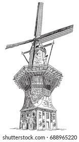 Windmill De Gooyer in Amsterdam (Netherlands, Holland) isolated hand drawing vector illustration in black color on white background