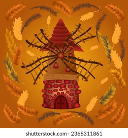 Molino de viento decorado con orejas de grano, ilustración vectorial aislada. Panadería, granjas de trigo y cebada, señalización vectorial del antiguo molino de pueblo.