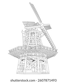 A windmill is depicted in a black and white drawing. The windmill is tall and has a large, open top. The drawing conveys a sense of strength and power