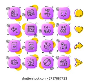 Molino de viento, tensión difícil e iconos de línea de rompecabezas. App 3D Botones. Los medios sociales comentan, comparten, les gustan los iconos. Paquete de escalas de justicia, rodillo de pintura, icono de idea creativa. Vector