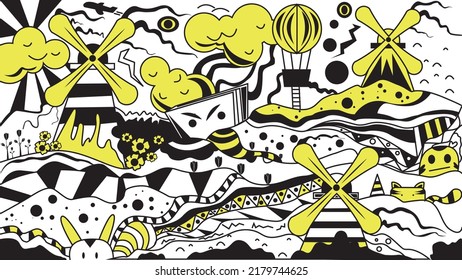 Windmill doodle vector illustration. Dutch wallpaper and background. 