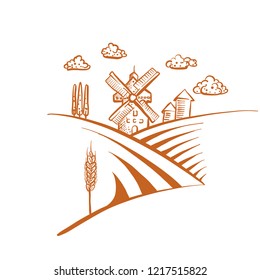 Windmill drawing icon on vintage background. Vector food illustration.