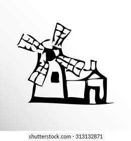 Windmill. Drawing. Sketch style.
