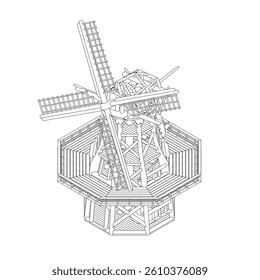 A windmill is drawn in black and white. The windmill is tall and has a large, open top. The windmill is surrounded by a wooden structure, which is also drawn in black and white
