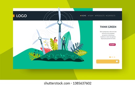 Windmill eco energy think green web page template vector eco-friendly power station modern technology saving planet environment protection resources reservation stop pollution Internet site mockup