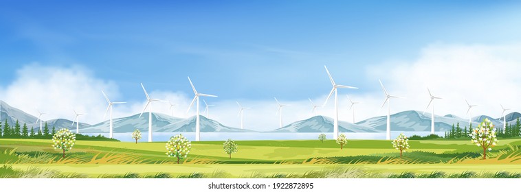 Molino de viento para producciones de energía eléctrica en campos de césped verde, cielo matutino de primavera, nube con energía alternativa con energía eólica en tierras de cultivo, Paisaje con energía de turbina en días soleados Verano