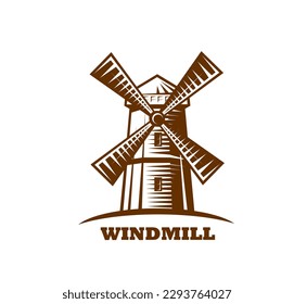 Windmill emblem, hand drawn icon. Wheat and barley farm, organic food grocery store or market symbol of village old mill, agriculture company engraved vector symbol with countryside windmill building