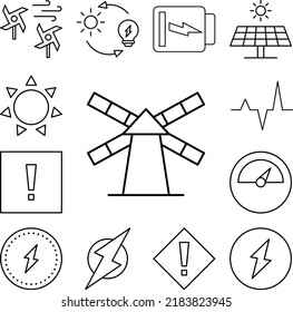 Molino de viento, icono de energía en una colección con otros artículos