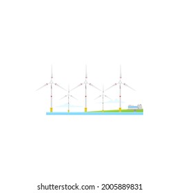 Windmill energy power, electricity wind mill turbine, vector green renewable energy industry. Windmills on sea, alternative clean energy and power generation, sustainable eco technology