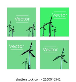 Windmill energy resources generator sketch vector set of illustrations. Green alternative power hand drawn square background. Turbines windfarm media banner