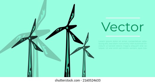 Windmill energy resources generator sketch vector illustration. Green alternative power hand drawn square background. Turbines windfarm media banner