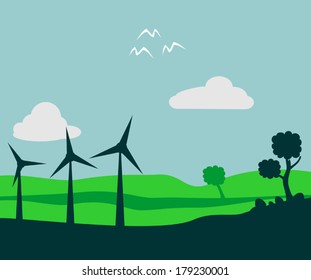 Windmill and environment. Field showing green space with windmills. Conservation and sustainability concept 