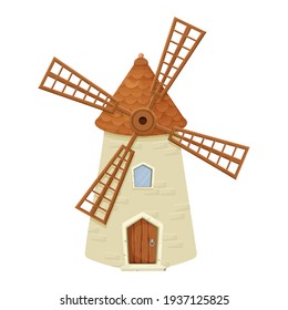 Windmill fairy, cartoon isolated on white background. Retro, rural building, tower with wooden propeller. Clipart, design element, ui gy asset.