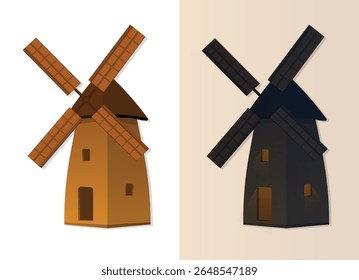 Fã de moinho de vento dia ang noite clip art, desenhos animados estilo velho edifícios de moinho de vento, vetor aldeia torre de madeira
