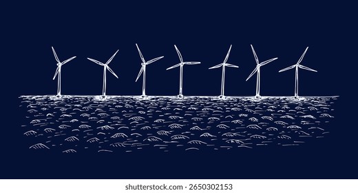Windmill farm built on the sea - sketch landscape drawing. Wind farm electricity generation, ecology, clean energy, green technology concept. Hand drawn vector illustration
