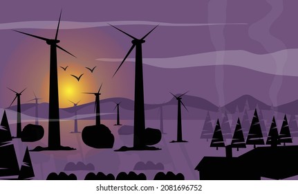 Windmill and farm concept beautiful landscape, sunset time vector illustration.