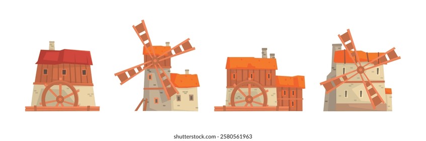 Windmill as Farm Construction for Grinding Flour Vector Set