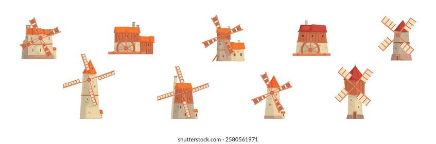 Windmill as Farm Construction for Grinding Flour Vector Set