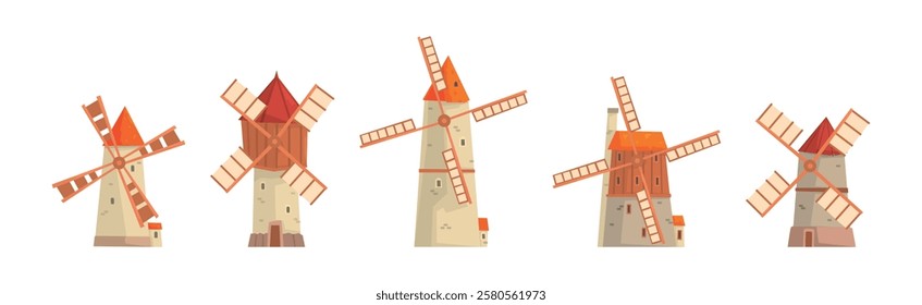 Windmill as Farm Construction for Grinding Flour Vector Set