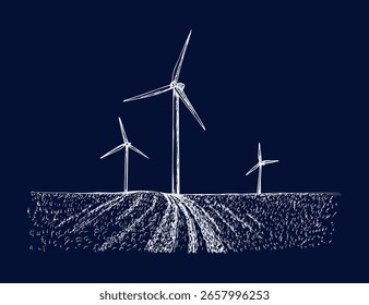 Geração de eletricidade em fazendas de moinho - ilustração resumida. Parque eólico colocado em uma paisagem de campo. Ecologia, energia limpa, conceito de tecnologia verde. Desenho de esboço vetorial desenhado à mão