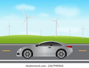 Windmill Farm with EV Car Driving along the Road. Green Energy or Eco-friendly Concept. Vector Illustration. 