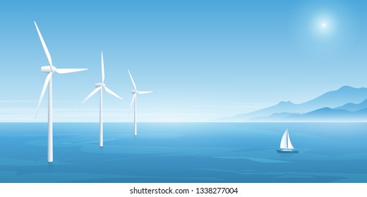 Windmill farm green energy in the ocean, eco-energy concept backgrounds. Wind power technology. Vector illustration.