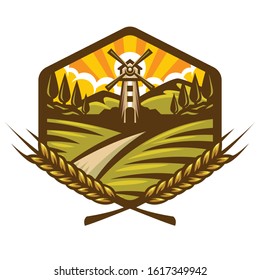 windmill Farm Illustration Logo Template isolated on White Background