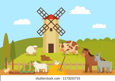 Windmill and farm landscape, animals and mammals. Hen on hay, sheep and horse, donkey and cow. Rabbit with carrot, goat by fence vector illustration