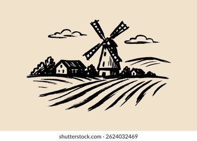 Windmill and farm landscape, black brush sketch in rustic style	