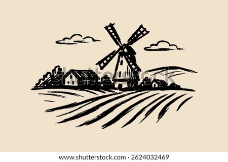 Windmill and farm landscape, black brush sketch in rustic style	