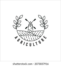 windmill farm logo line art vector illustration template icon graphic design. agriculture landscape typography