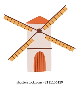 Windmill. Farm. Milestones for grain or bread processing. Farm building. Vector cartoon illustration isolated on the white background. 