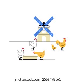 Windmill And Farm Scene With Chickens In Flat Vector Illustration Symbolizing Rural Life, Agriculture, And Farming, Isolated On White Background