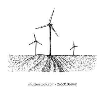 Windmill farm sketch drawing. Wind farm electricity generation, field landscape. Ecology, clean energy, green technology concept. Hand-drawn vector illustration