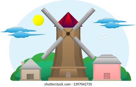 Windmill farm, There is a barn, a house warehouse and a blue sky with clouds. Flat design style vector illustration.