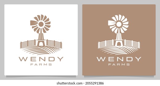 windmill farming Landscape natural garden village retro vintage logo design
