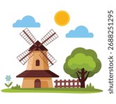Windmill fence tree landscape vector isolated white background