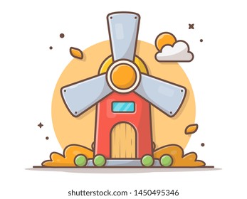 Windmill in Field Autumn Vector Illustration. Wind Turbine Concept. Happy Autumn. Autumn Icon Illustration. Flat Cartoon Style Suitable for Web Landing Page,  Banner, Flyer, Sticker, Card, Background