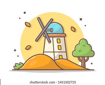 Windmill in Field Autumn Vector Illustration. Wind Turbine Concept. Happy Autumn. Autumn Icon Illustration. Flat Cartoon Style Suitable for Web Landing Page,  Banner, Flyer, Sticker, Card, Background