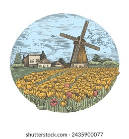 Windmill in a field of colorful tulips. Color. Engraving style. Vector illustration.