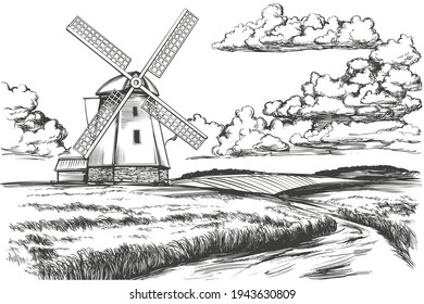 molino de viento en el campo, campo, paisaje de verano, ilustración de vector dibujado a mano esbozo realista