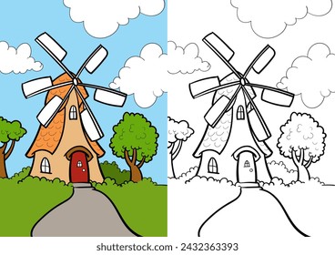 Windmill in the field illustration coloring book