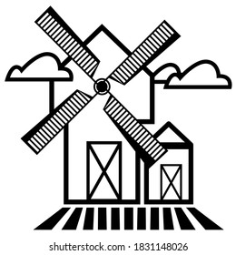 Windmill in the field isolated icon on white background. Retro mill silhouette vector illustration. Eco bio concept design.