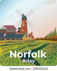 Windmill in field. Norfolk Day. Illustration of Norfolk Village, Norwich